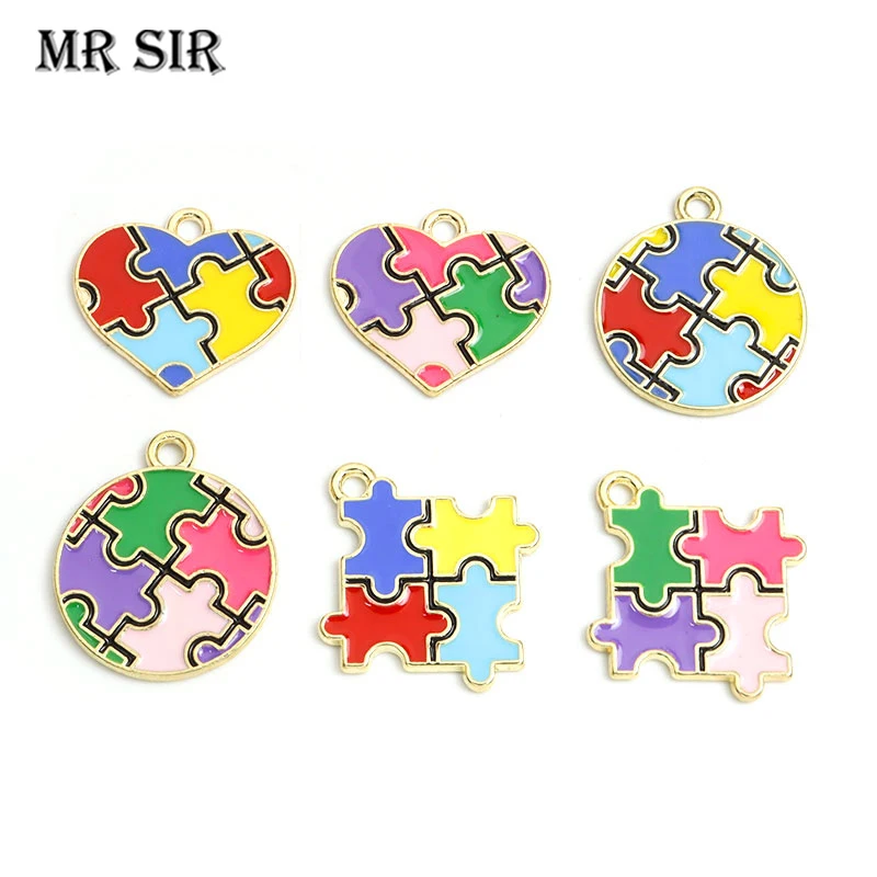 

10pcs Autism Awareness Enamel Charms Puzzle Autistic Heart Round Metal Pendants Jewelry Making DIY Necklace Handmade Accessories