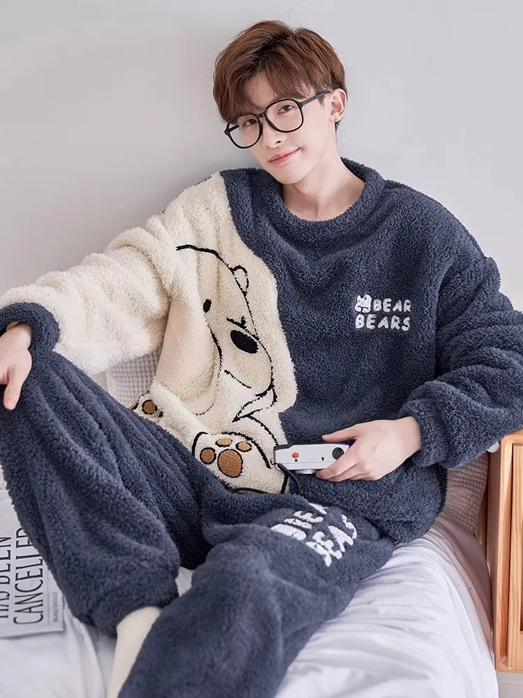 British Nextroad Relaxed Bear Pajamas Autumn and Winter Men's Coral Fleece Thickened Youth Cartoon Homewear