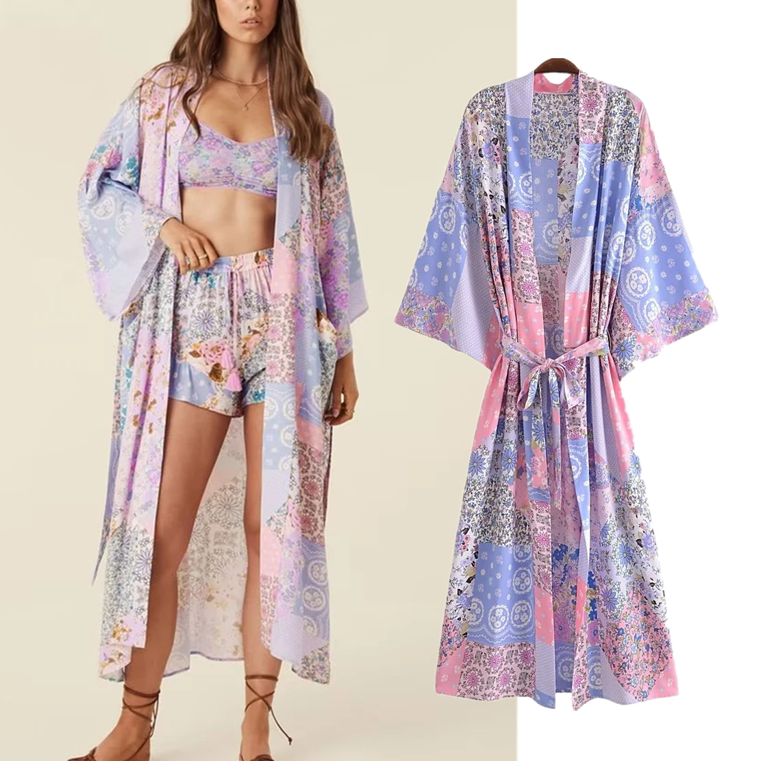 

Jenny&Dave Indie Folk Patchwork Contrast Kimono Cardigans Jacket Floral Print Bohemian Sashes Trench Coat Women