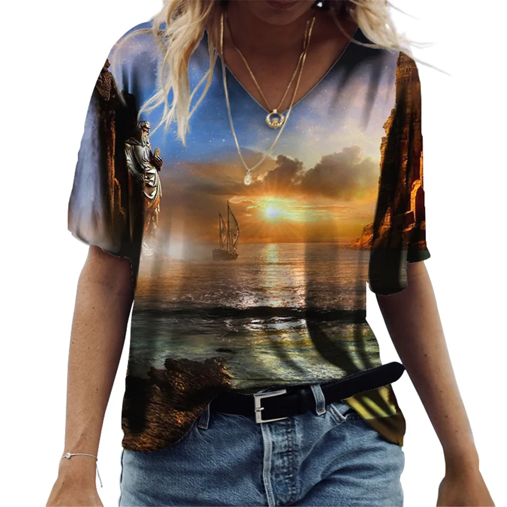 

Футболка женская с принтом загадочного звездного неба, тонкая Модная рубашка с цифровым графическим принтом и коротким рукавом, пуловер с к...