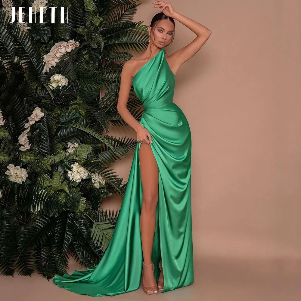 JEHETH Green Simple One Shoulder Satin Evening Dress High Side Split Celebrity Formal Prom Gowns Sweep Train robes de soirée