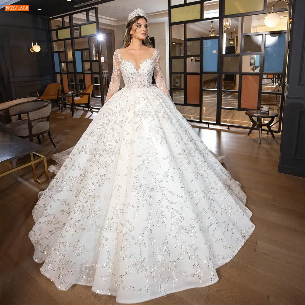 

Роскошное бальное платье с блестками и бисером, свадебные платья, платье невесты с глубоким круглым вырезом и длинными рукавами, блестящее ...