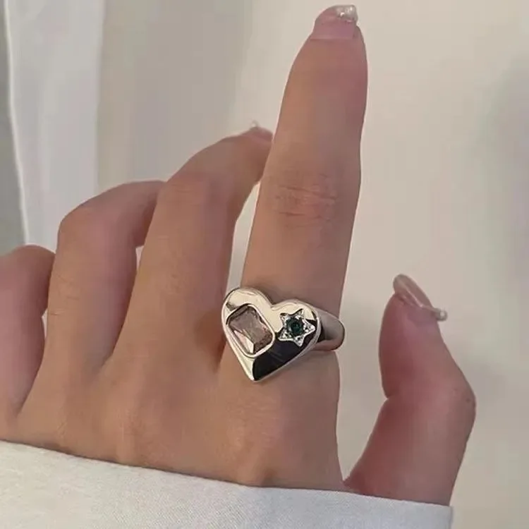 

2022 Fashion Green Zircon Heart Ring For Women Girl Cute Small Minority Irregular Couple Open Jewelry Gift Personality Trend