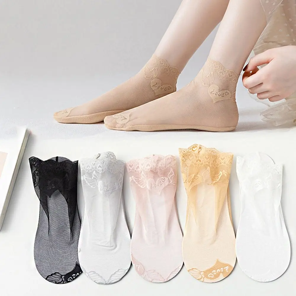 

Женские кружевные носки-лодочки с сердечками, весенне-летние тонкие дышащие носки до щиколотки с оборками, мягкие эластичные носки, женские сетчатые носки с вырезами