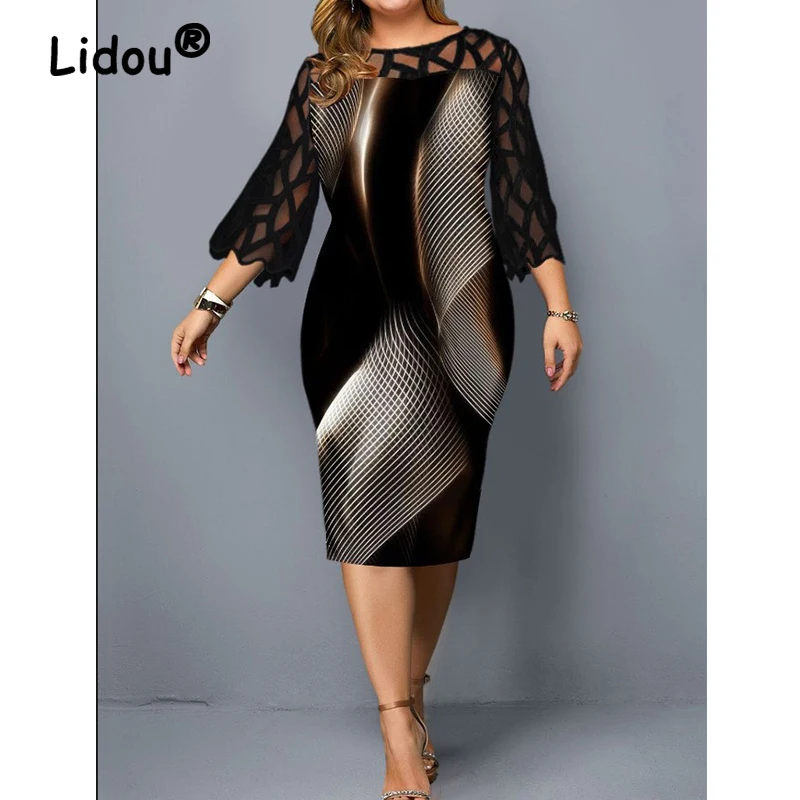 

Plus Size Elegant Lace Mesh Patchwork Bodycon Party Dresses for Women Summer Fashion Print Black Midi Dress Robe Femme Clothing