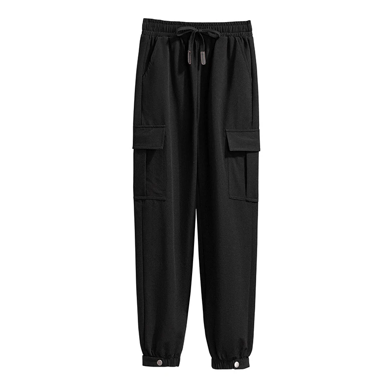 Black Woman Cargo Pants 2022 High Waist Pants New Pockets Streetwear Bundle Feet Ladies Trousers Soft Spring Autumn Casual Pants