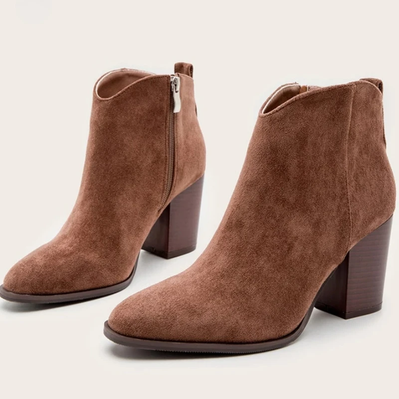 

2022 Autumn Faux Suede Ankle Boots Women High Heel Side zipper High top Stacked Block Heel Short Western Cowboy Booties