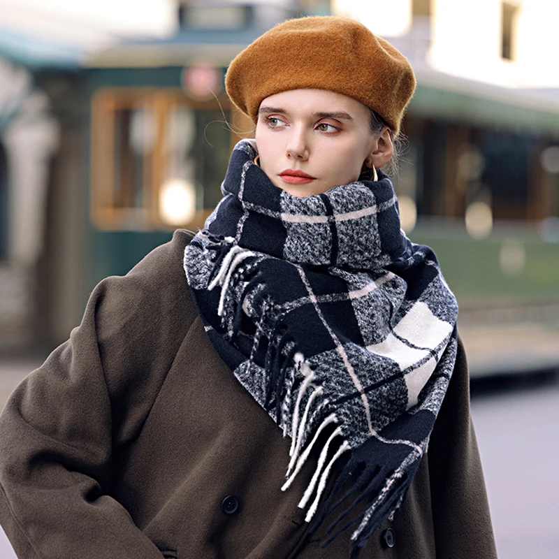 

Vintage British Plaid Women Scarf Warm Winter Imitation Cashmere Foulard Female Scarves Tassel Shawl Wraps Ladies Long Stoles
