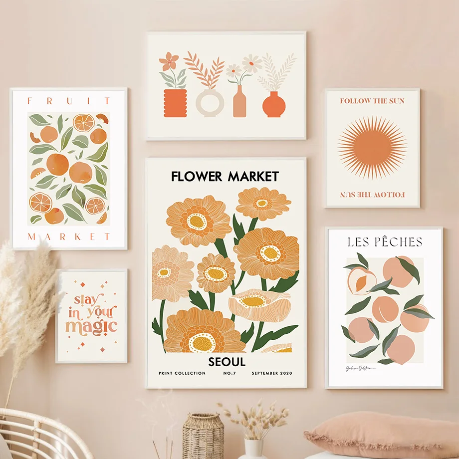 

Цветочный рынок, ваза с листьями, персик, апельсин, фрукты, цитаты и принты, настенная Картина на холсте для гостиной, декоративные картины