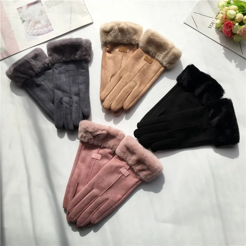 

Fashion Elegant Female Wool Touch Screen Gloves Winter Women Warm Cashmere Full Finger Leather Bow Dotted embroidery Gloves