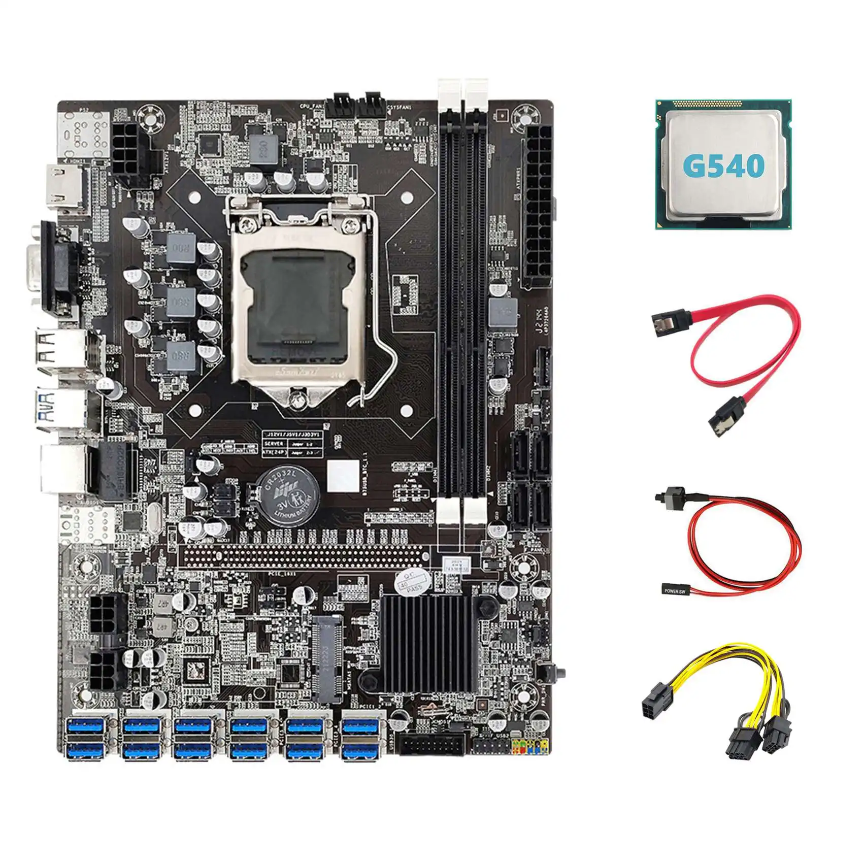 

B75 ETH Mining Motherboard 12 PCIE to USB+G540 CPU+6Pin to Dual 8Pin Cable+Switch Cable+SATA Cable LGA1155 Motherboard