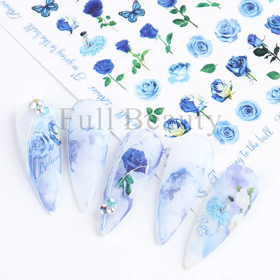 3D наклейки для ногтей с синими розами Цветочный дизайн розовый красный цветок