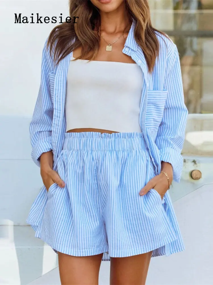 

2022 Summer New Leisure Suit Lapel Long Sleeve Solid Color Elegant Temperament Striped Shirt Shirt Shorts Two-piece Set women's