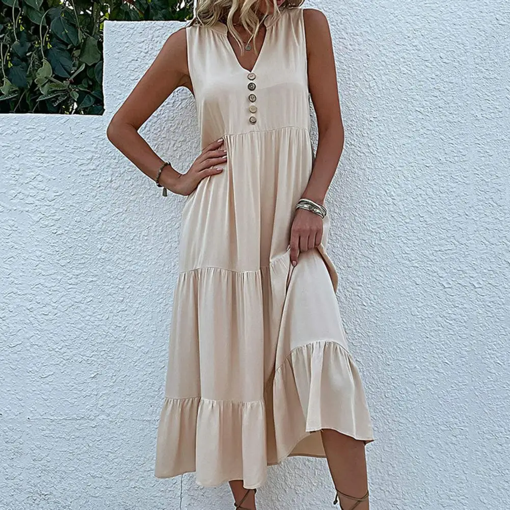 

Casual Summer Midi Dress Women Sleeveless Tank V Neck Buttons Ruffle Loose Dresses Beach Soild Sundress Fashion