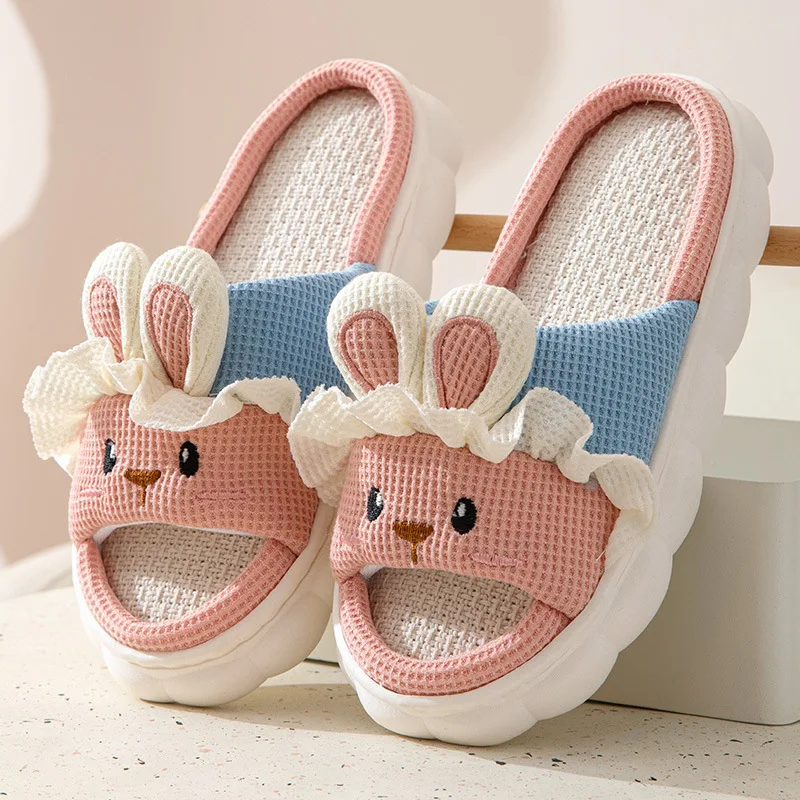 

Cute Cartoon Monster Parent-child Slippers 2023 New Summer New Flax Home Non-slip Indoor Kids Shoes Platform Women Slides