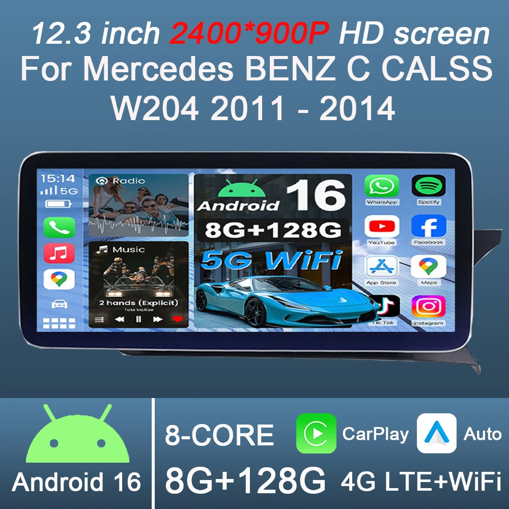 Фото 12,3-дюймовый Android 16 Carplay Auto для Mercedes-Benz C-класса W204 2011-2014, автомобильная мультимедийная система 2400*900P, проигрыватель, стерео, GPS, 4G №1