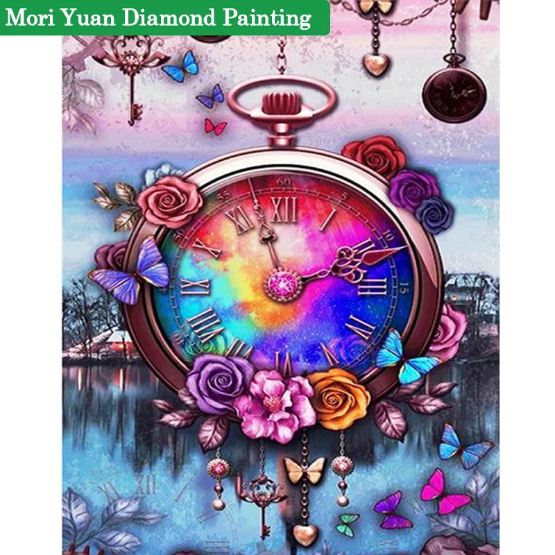 

5D AB Diamond Painting Clock Art Drill Square/ Round Diamont Embroidery Butterfly Flower Mosaic Pour Glue Pictures Home Decor