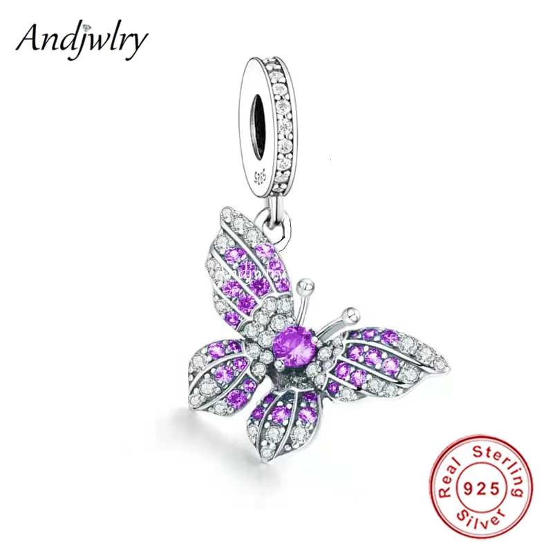 

Fit Bracelet Charms Silver 925 Original Butterfly With Purple Zircon Wings Bead Bracelet&Bangle Jewelry Berloque