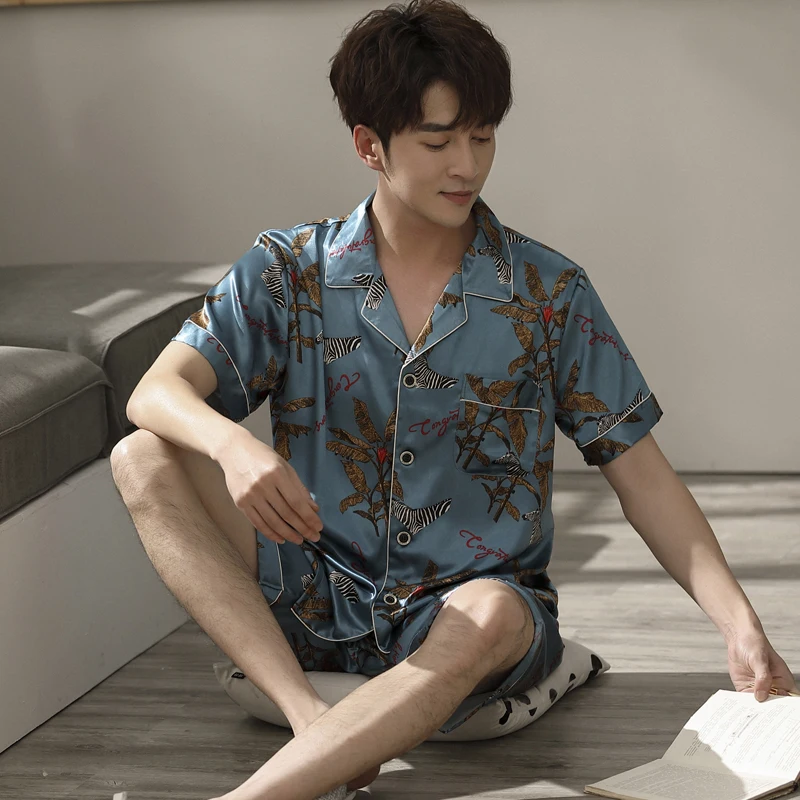 Летняя Пижама для мужчин одежда сна атласная шелковая мужская ночная рубашка с