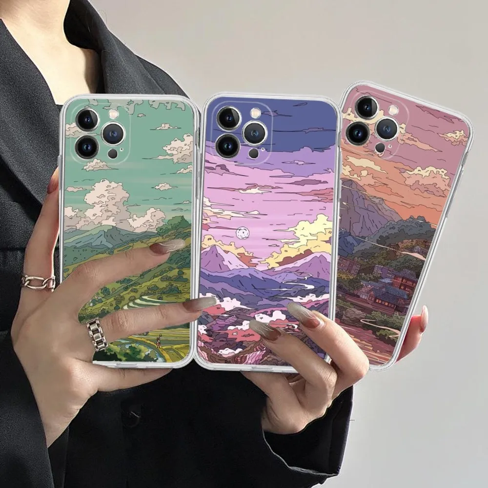 

Japanese Anime Hand Painted Scenery Phone Case Silicone Soft For Iphone 14 13 12 11 Pro Mini XS MAX 8 7 6 Plus X XS XR Cover