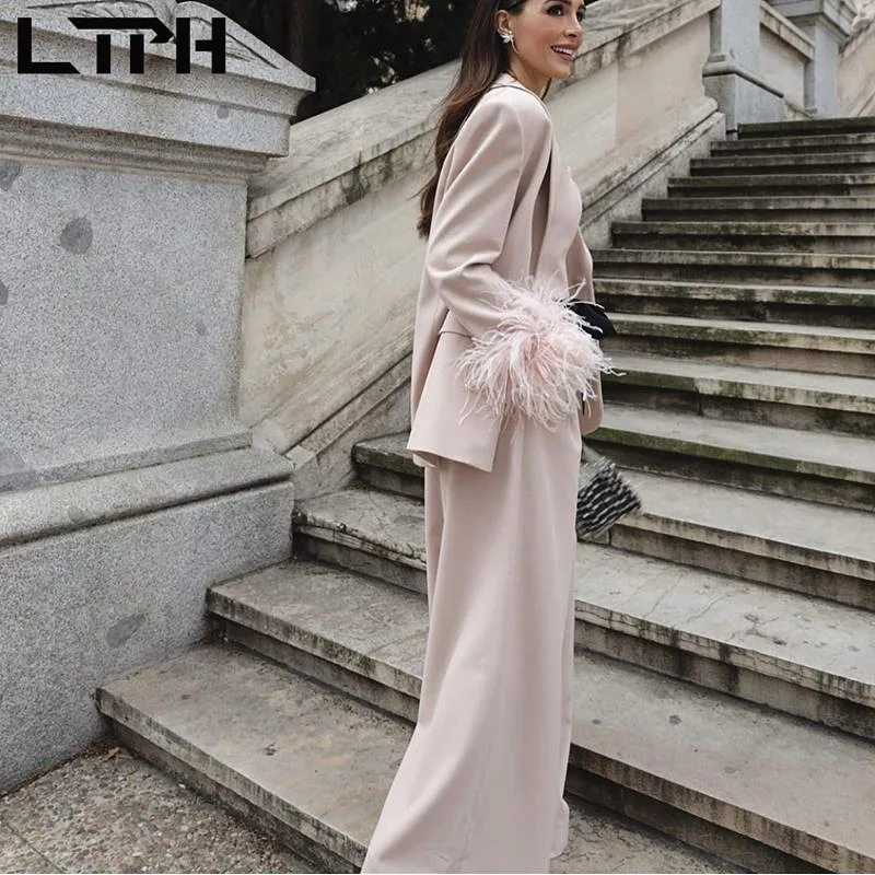 LTPH blazer set women three-piece suit vintage casual loose feathers sleeve blazers camisole wide-leg pant suits 2023 autumn new