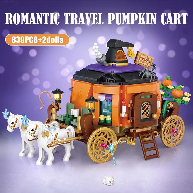 

839PCS Mini City Street View Halloween Hut House Building Block Haunted Pumpkin Carriage Figures Bricks Toy for Children Gifts