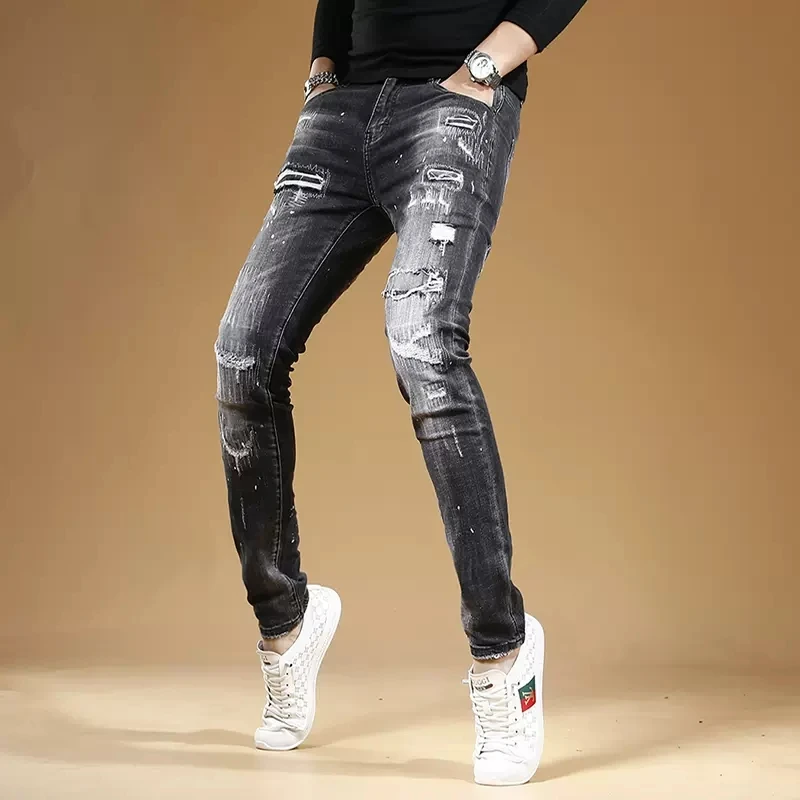 Autumn Black Ripped Jeans Men Fashion Dots Printed Slim Fit Pencil Pants Streetwear Casual Scratched Denim Trousers