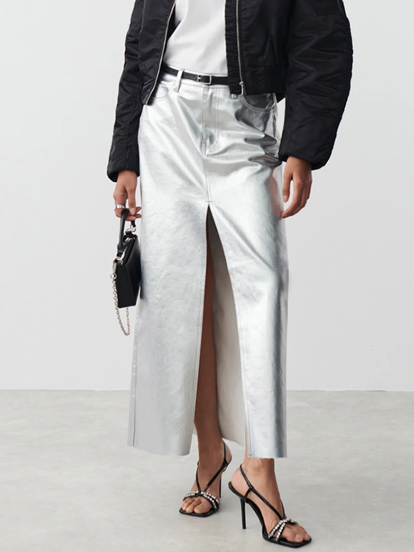 

Elegant High Split Party Long Skirts Women Spring Autumn Casual High Waist Glitter Sliver Pu Leather A-Line Skirts