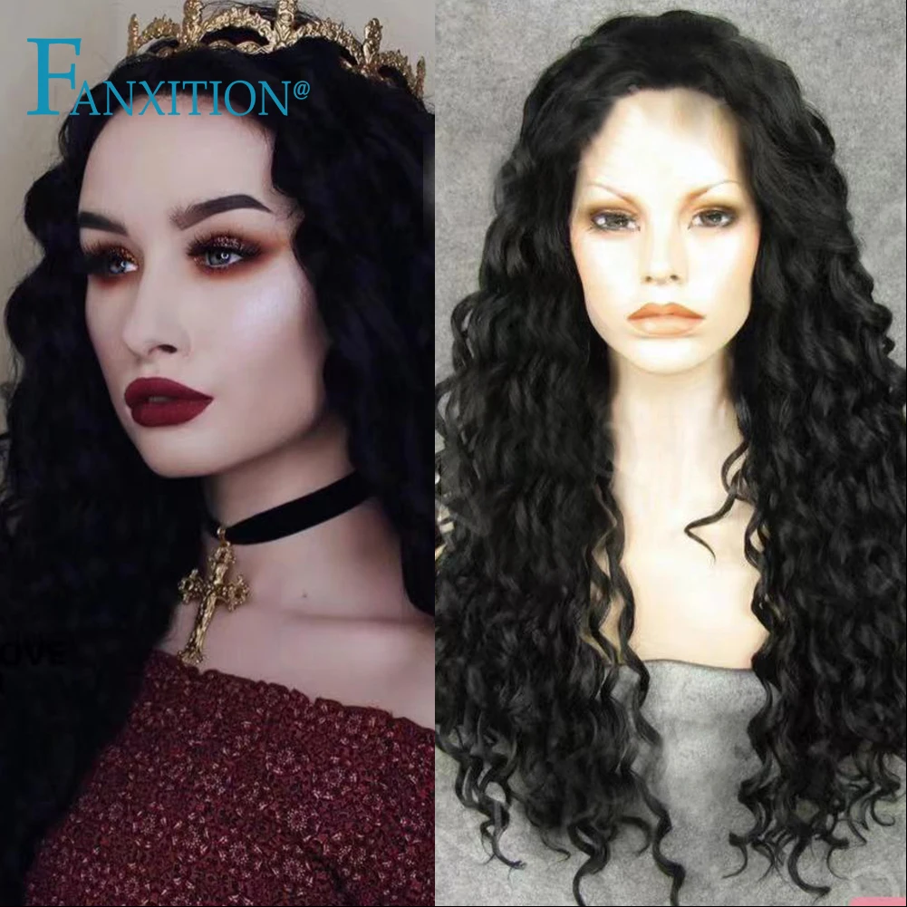 

Женский длинный синтетический парик на сетке fanxution, черный, натуральный цвет, глубокие волнистые передние парики на сетке с естественной ли...