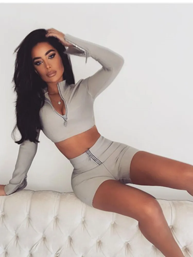 

Новинка 2022, Соблазнительный комплект из двух предметов серого цвета с топом и брюками, соблазнительная модная женская одежда на молнии спер...