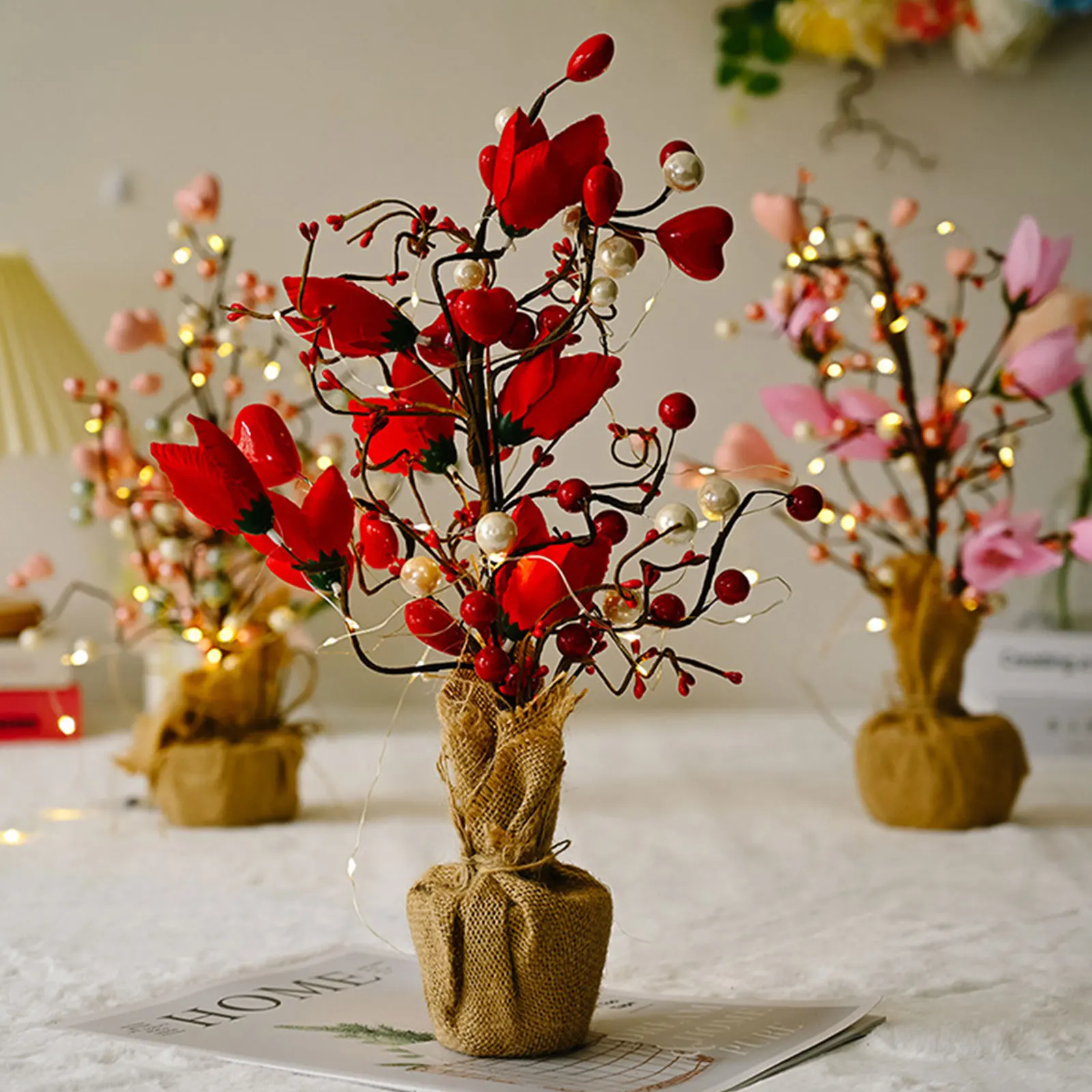 

Fabric Tulip Tree Light Tabletop Ornament lights string heart ornaments and beads Home Decoration