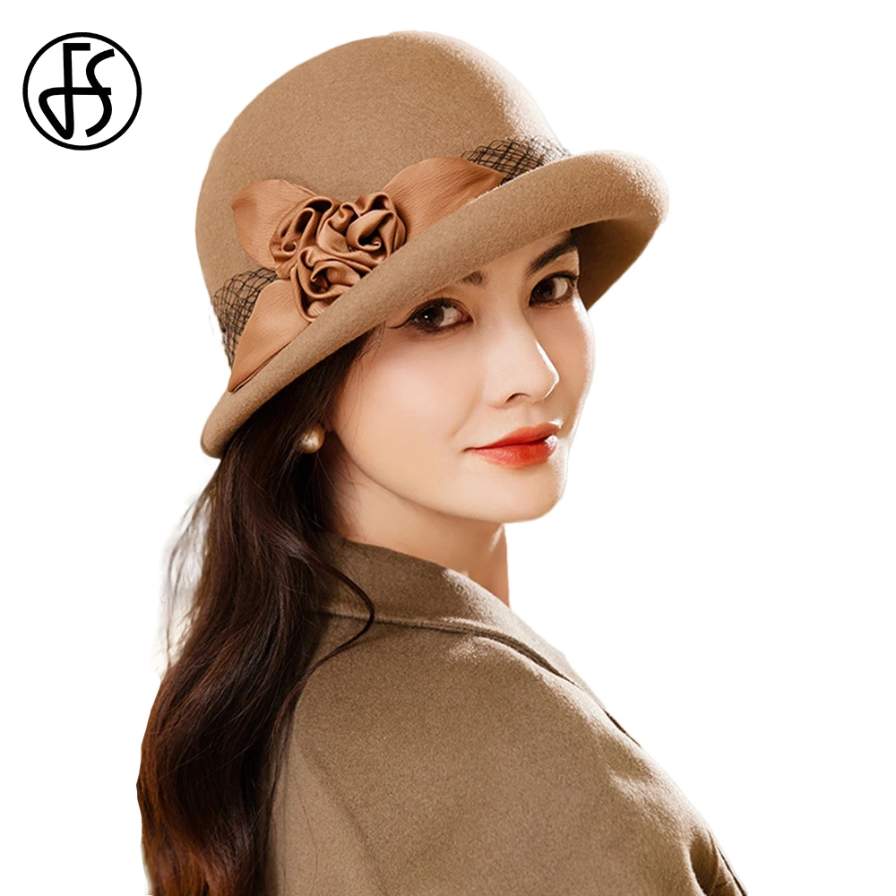 

Женская фетровая шляпка FS, винно-красная Шляпка из шерсти, в стиле ретро, для свадебной церемонии, зимняя, 2019