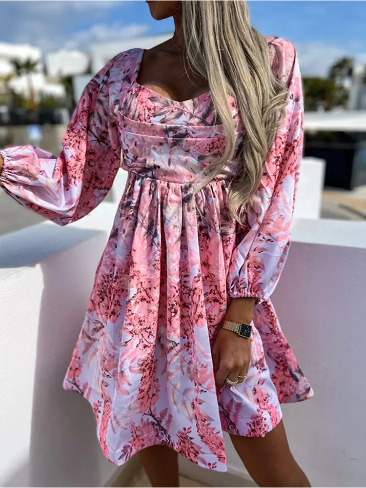 

Elegant Sweet Print Square Collar Party Dress Spring Long Sleeve High Waist Slim Mini Dress Women Sexy Backless Beach Boho Dress
