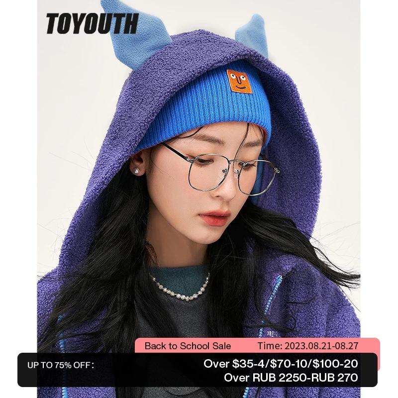 

Toyouth Women Thick Plush Coat 2022 Winter Long Sleeve Loose Hooded Jacket with Horn Purple Cute Warm Sweatshirt Tops