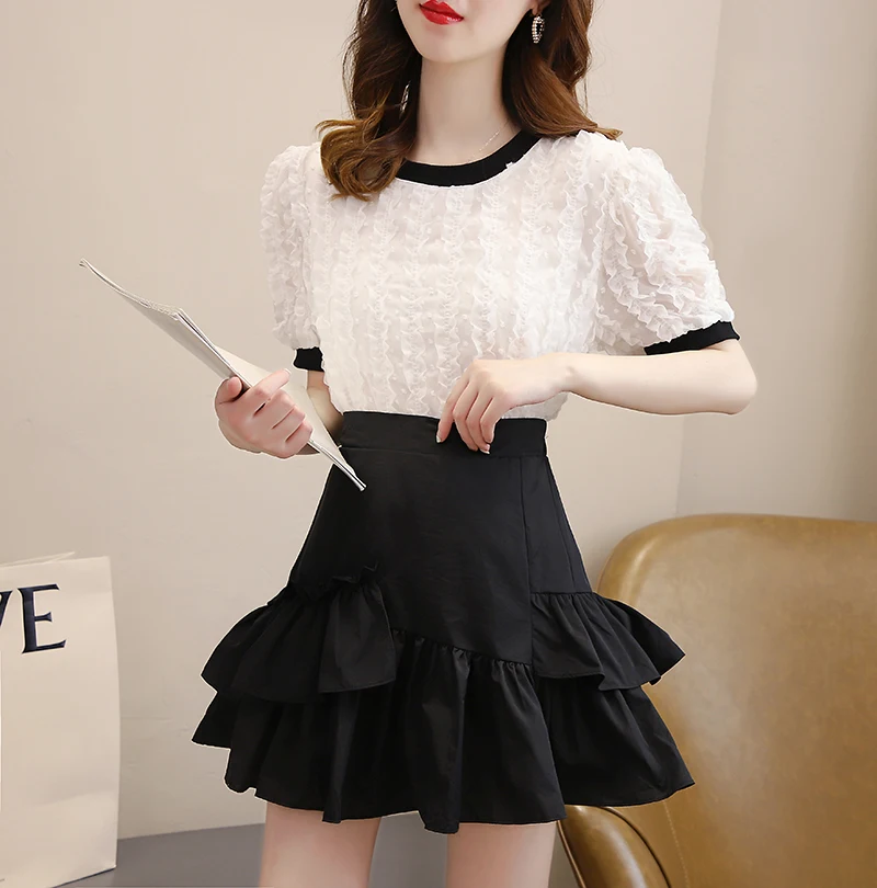 

Women 2022 Summer Fashion Suits Female Short Sleeve Chiffon Shirt Tops + High Waist Mini Skirts Ladies New Two Piece Sets X16
