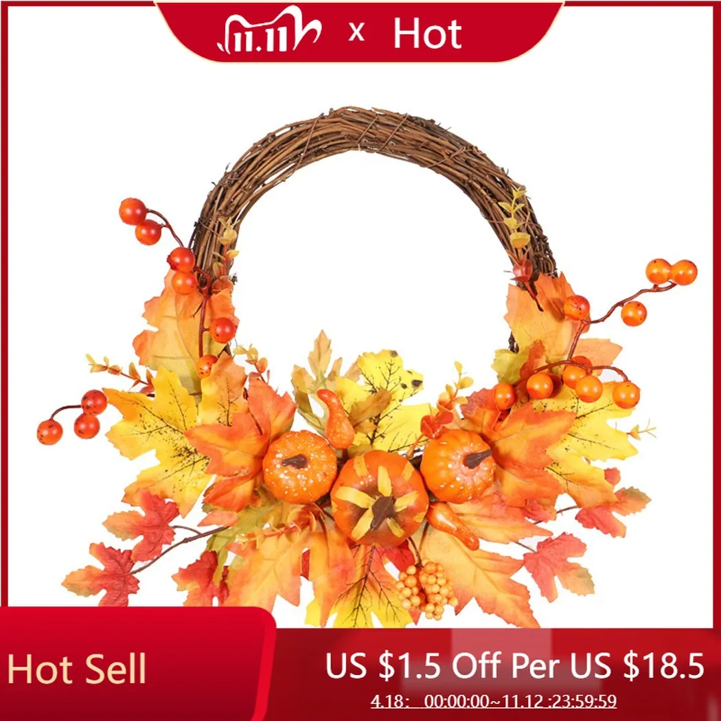 

35cm Autumn Maple Leaf Pumpkin Door Hanging Ornaments Halloween Thanksgiving Harvest Rattan Artificial Garland Wreath Home Decor