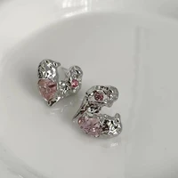 fashionable and creative new hip hop punk retro pink diamond pleated heart shaped earrings womens high sense silver needle 925