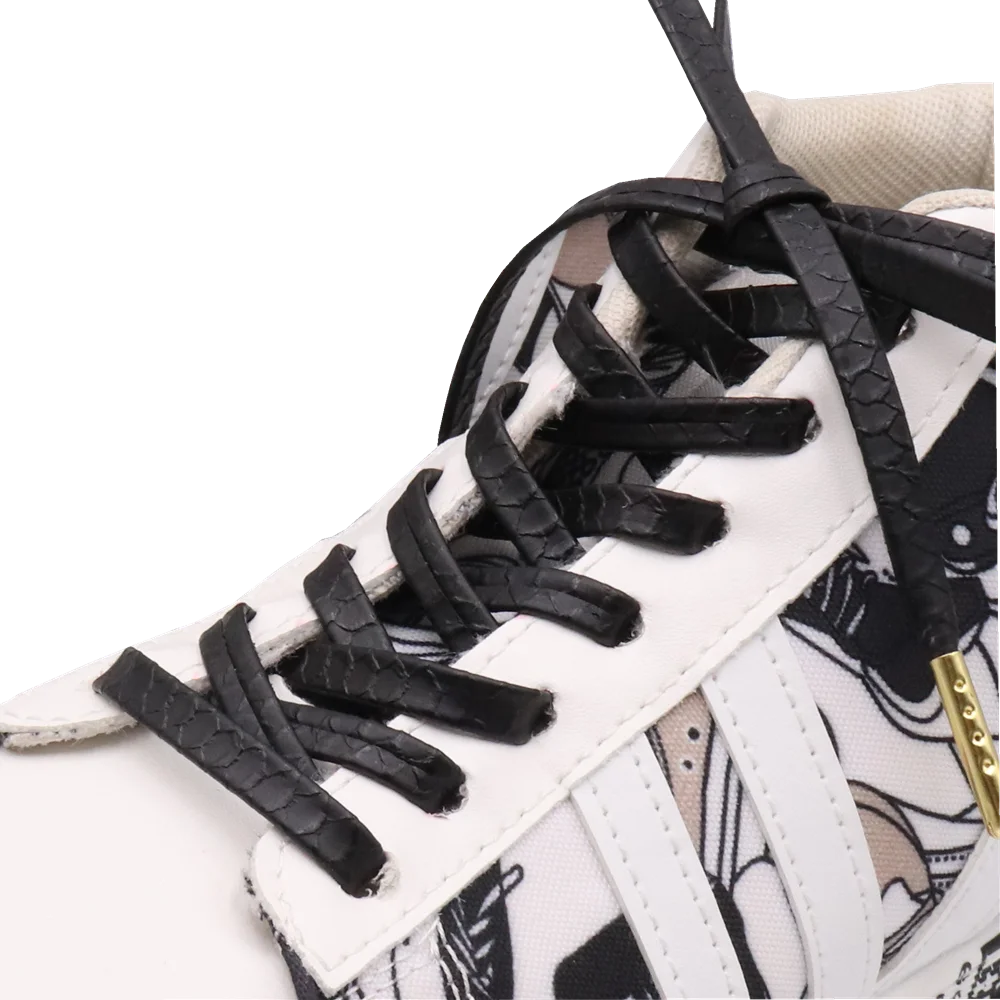 Cool String 7MM Air Sneaker Accessory Snake Skin Texture Lather Lace Pure Black PU Tape Deep Color Fashion Wholesale 30Pairs/lot