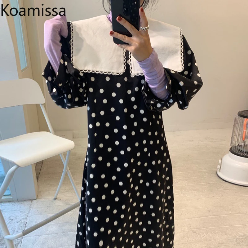 Koamissa Retro Casual Loose Women Polka Dot Maxi Dress 2022 Spring Autumn Fashion Peter Pan Collar Vestidos French Style Dresses