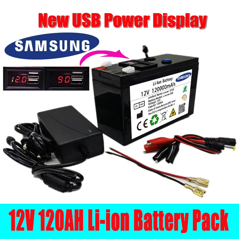 

New 12V 120000MAh Portable And Rechargeable 18650 Battery Built-In 5V 2.1A USB Power Display Charging Port With + 12.6V Charger