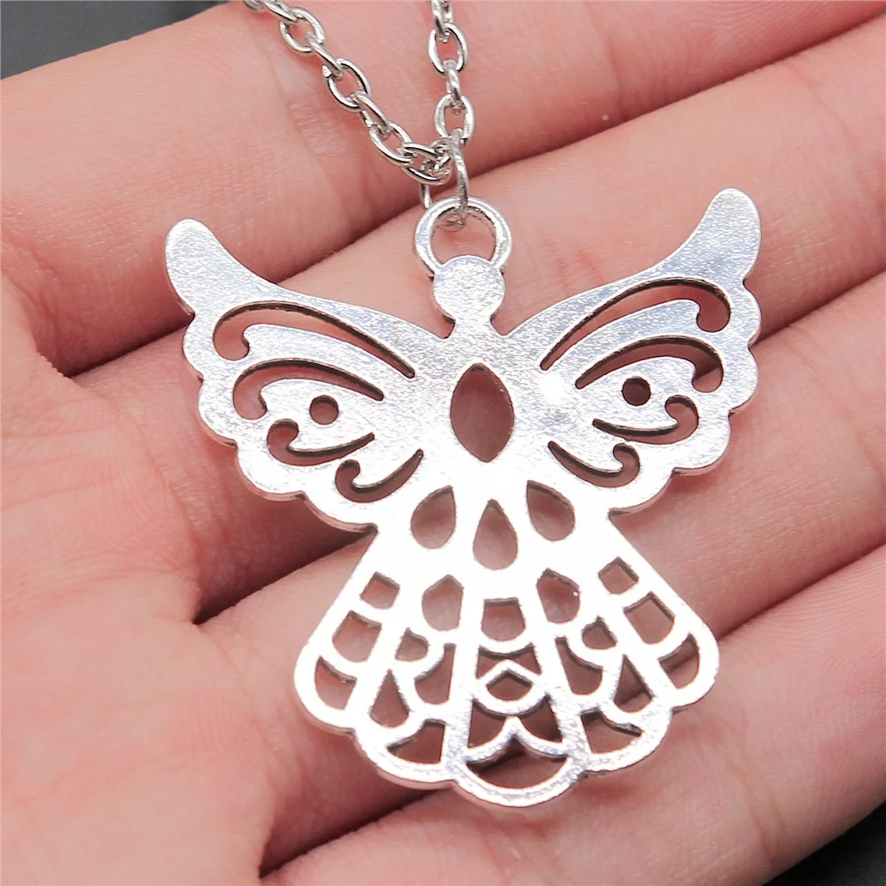 Ожерелье с кулоном ангел-хранитель для женщин и мужчин, длинная цепь под античное серебро, 41 х39 мм