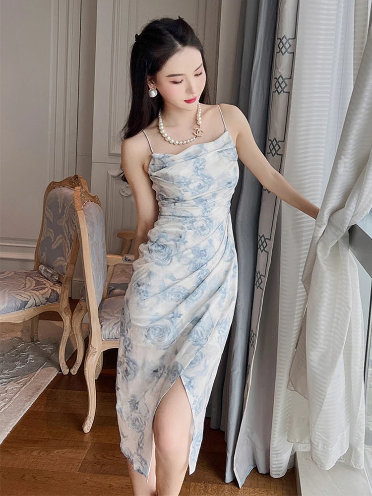 

Summer Women Midi Dress Fresh Sweet Sexy Chiffon Satin Asymmetrical Spaghetti Strap Slip Backless Folds Slit Robe Femme Vestido