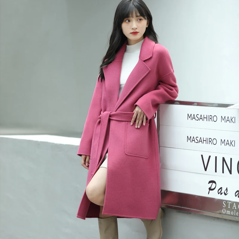 

2022 Winter new women's wool coat 100% pure wool duplex coat waistband long women's coat Korean version loose women's coat