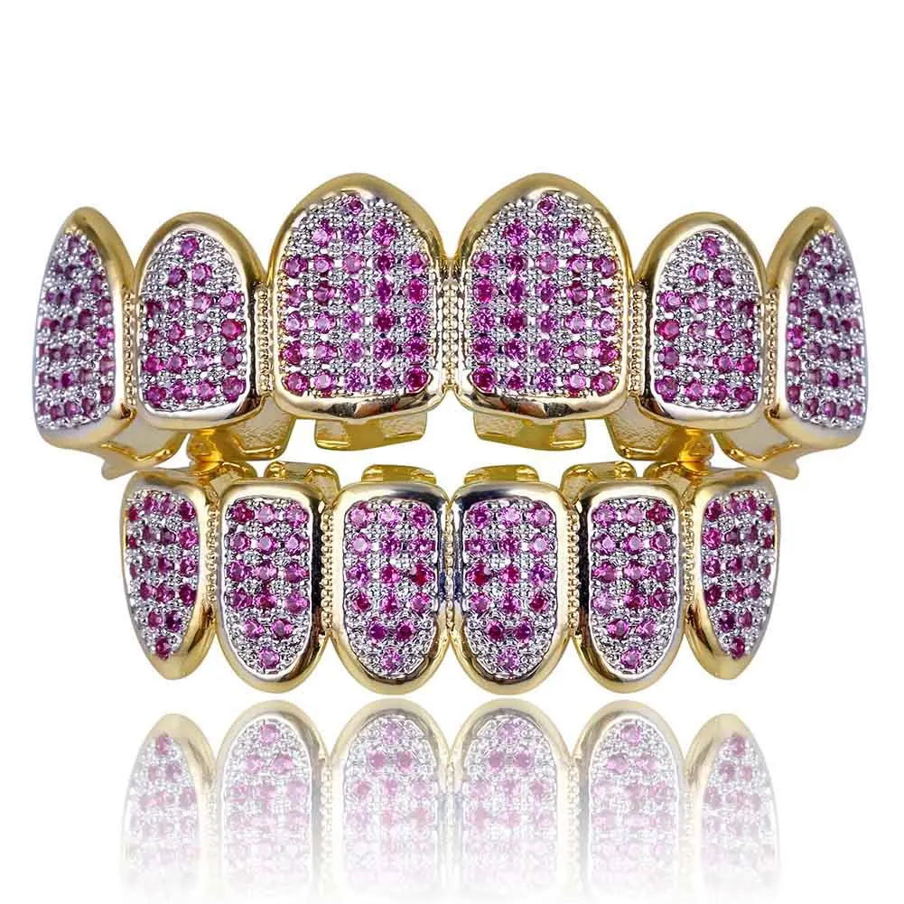 

Purple AAA CZ Micro Pave Top Bottom Custom Grillz Set Rhodium Teeth Grills