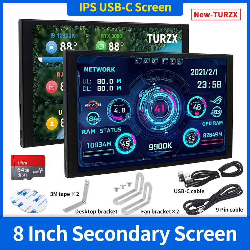 Фото Новый 8-дюймовый IPS USB-умный экран TURZX 1280x800 Вторичный экран Расширенный настольный процессор Графический процессор ОЗУ Компьютерный монитор для Windows 10 11 №1