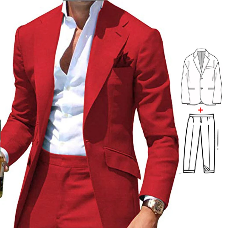 Classic Men's Suit 2 Pieces Red Wedding Tuxedos Groomsmen Formal Prom Party Wear Costume Homme Business Blazer for Men