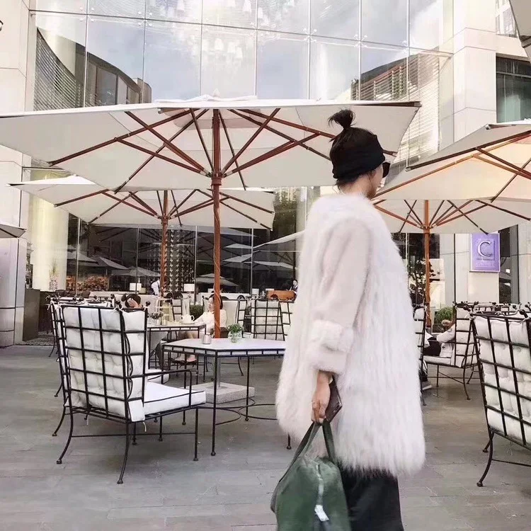 New Raccoon Fur Spokes with Rex Rabbit Fur Sleeves Mid-Length Coat Women's Long Sleeve Solid Color Faux Fur Jacket