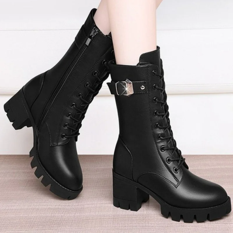 New Winter Boots Women Knee High Long Boots Leather Fashion Lace-Up Snow Boots Non-Slip Black Boots Shoes 2023 New