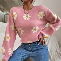 jocoo jolee chic pink floral print lantern sleeve women knit sweater 2022 new vintage o neck female pullover casual warm jumper