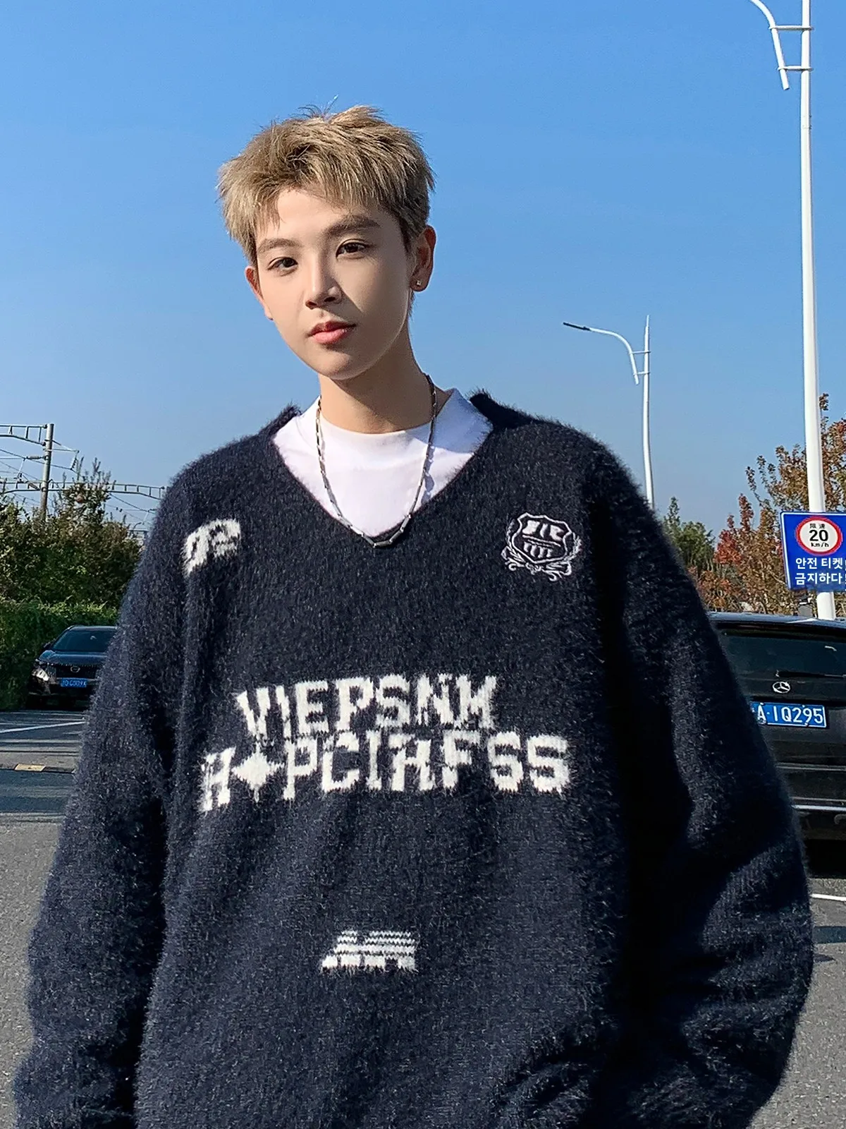 Осенне-зимний свитер с v-образным вырезом и вышивкой букв мужской американский